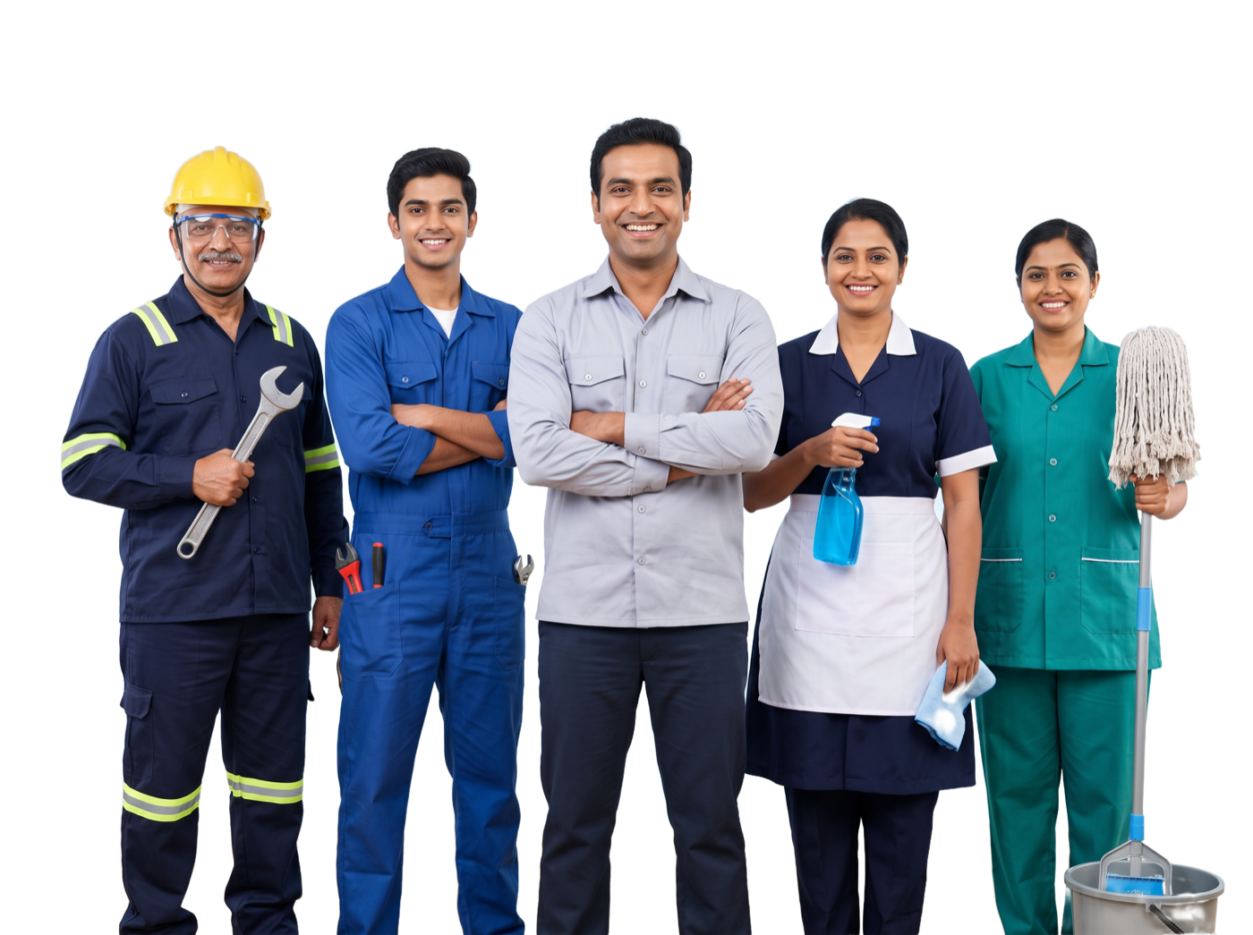 Five workers — an electrician, a plumber, a shop supervisor and two housekeeping staff — standing together