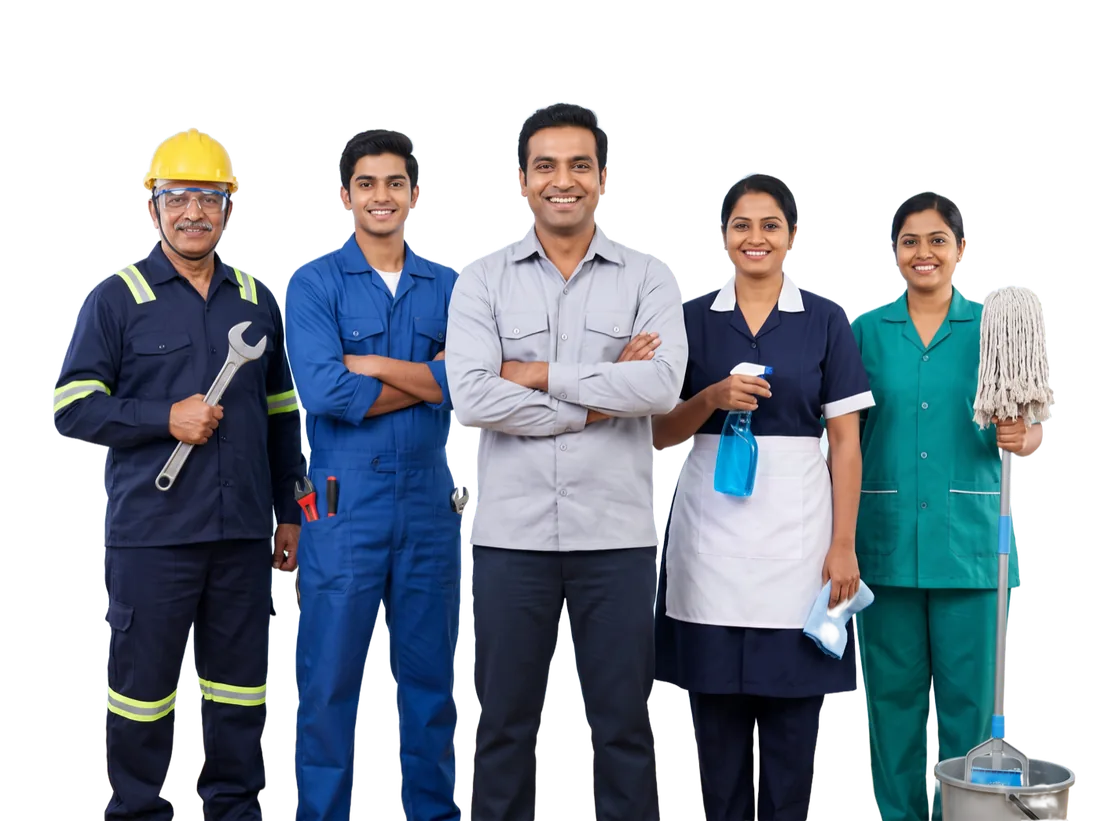 Five workers — an electrician, a plumber, a shop supervisor and two housekeeping staff — standing together